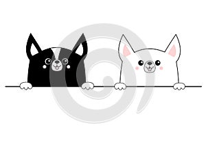 Corgi dog happy face head icon set. Hands paw holding table line. Cute cartoon pooch character. Contour silhouette. Kawaii animal.