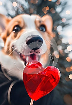 Corgi dog licking a lollipop heart, Valentine's Day.