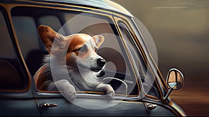 Corgi dog looking out the window of a vintage car.