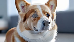 Corgi dog looks past the camera. Cute young puppy close up