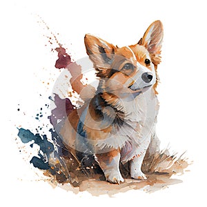 Corgi dog made using watercolor technique. Sitting small dog realistic on a white background.