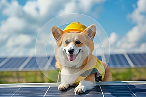 corgi dog near solar panels