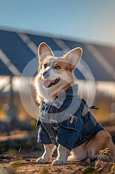 corgi dog near solar panels