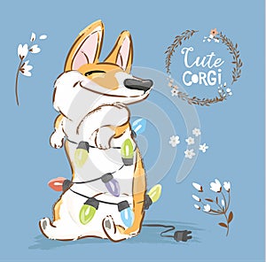 Corgi Dog Play Christmas Garland Vector Poster. Happy Fox Pet Character New Year Illustration Series with Flower. Little photo