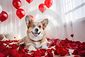 A corgi dog stands among balloons and petals in a fun and adorable Valentine\'s concept