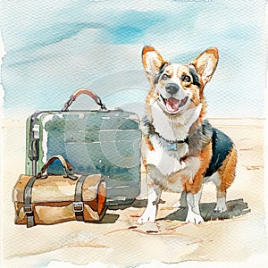 Corgi dog and suitcase. Traveling with pets. Vacation and holiday. Watercolor illustration for postcard design, books.