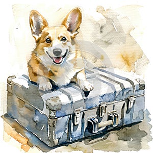 Corgi dog and suitcase. Traveling with pets. Vacation and holiday. Watercolor illustration for postcard design, books.