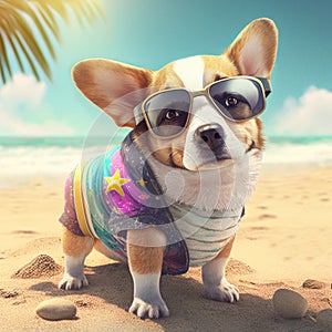Corgi dog summer attire costume. Summer pembroke weilsh corgi cute dog wearing sunglasses