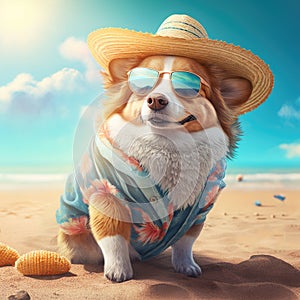 Corgi dog summer beach attire outfit. Summer pembroke welsh corgi cute doggy wearing cute clothes, hat and sunglasses.