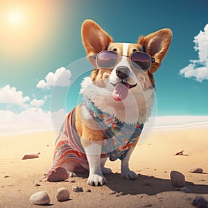 Corgi dog summer beach attire. Summer cute dog pembroke welsh corgi breed wearing sunglasses and clothes fashionable.