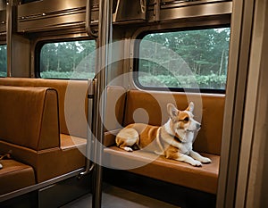 A corgi dog is traveling on a train. AI generated.