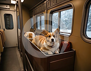 A corgi dog is traveling on a train. AI generated.