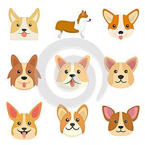 Corgi dogs icons set flat vector isolated