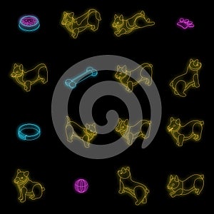 Corgi dogs icons set vector neon
