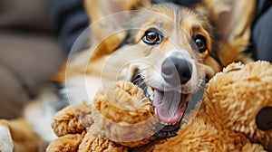 Corgi excitedly brings its cherished toy to engage in playful interaction with its happy owner