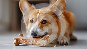 A Corgi gnawing on a large raw bone, placed on a clean white surface to highlight the contrast and focus on the feeding