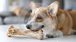 A Corgi gnawing on a large raw bone, placed on a clean white surface to highlight the contrast and focus on the feeding