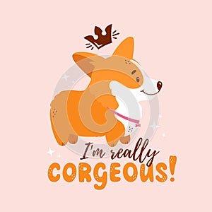Corgi illustration. Cute dog and funny lettering quote. Vector
