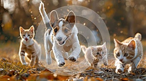 A Corgi puppy bounds ahead, followed by three kittens in a golden field.