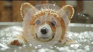 Corgi puppy, a companion dog, is bathing in a tub