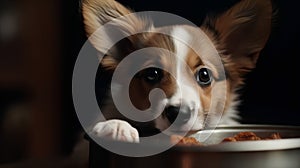 Corgi puppy eating food from a bowl on a dark background