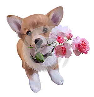 Corgi puppy and rose branch. Watercolor drawing