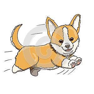 Corgi Puppy Running at Full Speed. Cartoon Character Illustration