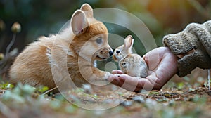 A corgi puppy and a small baby rabbit in human\'s hand looking at each other and sniffing