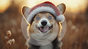 Corgi Puppy Smiling in Santa Hat During Golden Sunset photo