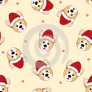 Corgi Santa Claus on Beige Ivory Background. Vector Illustration