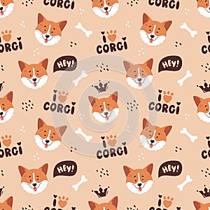 Corgi seamless pattern. Cute dog faces and letterings. Vector background