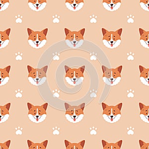 Corgi seamless pattern. Cute dog faces and paw prints. Vector