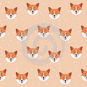 Corgi seamless pattern. Cute dog faces and polka dot background