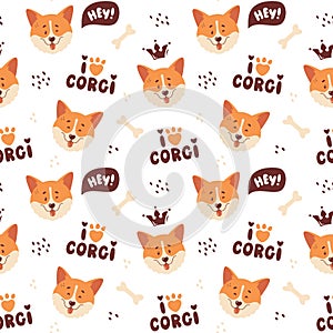 Corgi seamless pattern. Smiling dog faces and letterings. Vector background