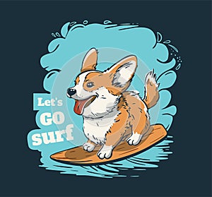 Corgi surfer cool summer t-shirt print. Dog ride surfboard