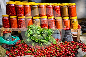 Coriander, chillis and jars