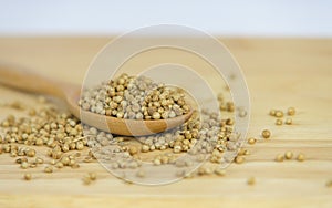 Coriander dry seeds in wooden spoon on wooden table