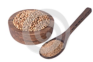 Coriander grains and coriander powder isolated on white background. Coriander seeds. Coriander spice.