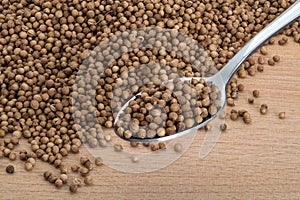 Coriander organic seeds on wooden cutting boards