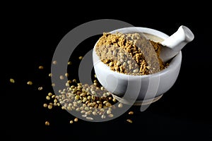 Coriander Powder and seeds with mortar and pestle on black background
