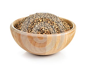 Coriander seed in the wood bowl on white background