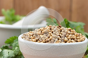 Coriander seeds in a bowl for add Flavor to Your Food on Chopping Wood and Wood background..