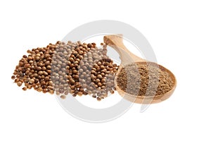 Coriander seeds and powder on a wooden spoon