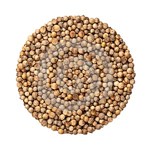 Coriander seeds, whole dried fruits of Coriandrum sativum, circle from above