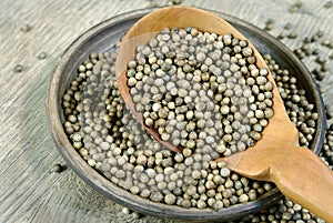 Coriander seeds in a wooden spoon.