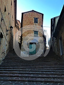 Corinaldo town in the province of Ancona, Marche region, Italy. Christmas and light, church and art photo