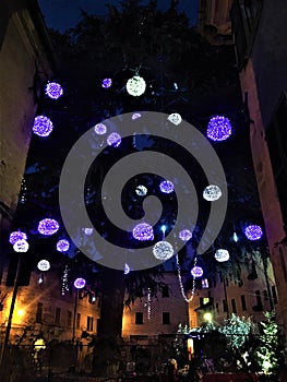 Corinaldo town in the province of Ancona, Marche region, Italy. Christmas tree and lights photo