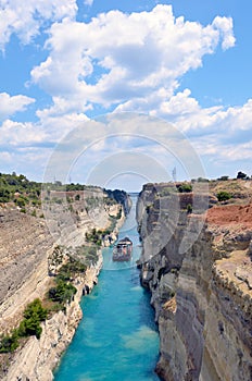 Corinth Canal in a bright sunny day against a blue sky