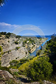 Corinth Canal, tidal waterway across the Isthmus of Corinth in Greece, joining the Gulf of Corinth with the Saronic Gulf photo