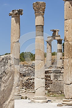 Corinthian capitals and columns in Ephesus archeological ancient site. Turkey